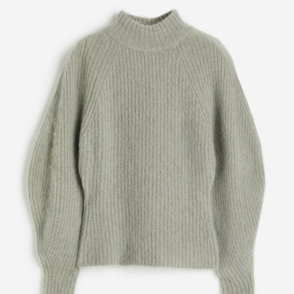 H&M Mohair Blend Rib Knit Crew Smock Neck Sweater Gray Green Sz XS - Picture 1 of 7